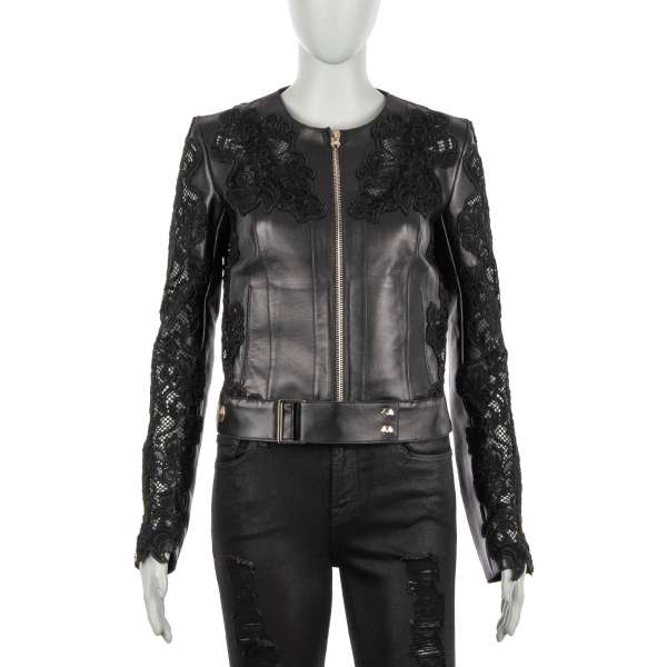 KILLING ME SOFTLY Biker Lederjacke mit Blumen Spitze Stickerei in Schwarz von PHILIPP PLEIN COUTURE