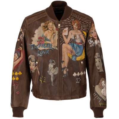 Hand Painted Bull Leather Jacket with Pin-Up Girls Brown
