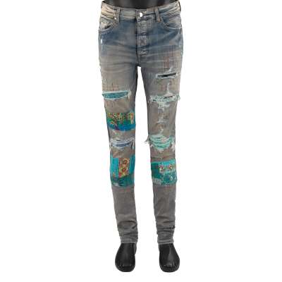 Quilted Artpatch Skinny Jeans with Patchwork Applications Indigo Blue