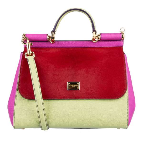 Palmellato leather and Fur Tote / Shoulder Bag SICILY in Red, Green and Pink with logo plaque by DOLCE & GABBANA