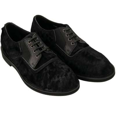 Lamb Fur Leather Derby Shoes Black 43 UK 9 US 10