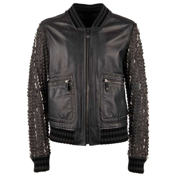 Bomber leather jacket DEEPER with stars studs at the sleeves, large metal logo at the back and pockets by PHILIPP PLEIN