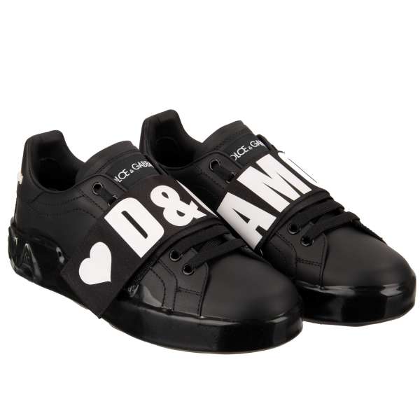  Lace Woman Sneaker PORTOFINO with D&G AMORE hook and loop closure, logo and Heart in white and black by DOLCE & GABBANA