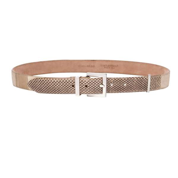 Snake, eel and calf Leather belt with DG logo metal buckle in beige and silver by DOLCE & GABBANA