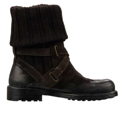 Wool Coated Leather Buckle Boots Shoes Brown