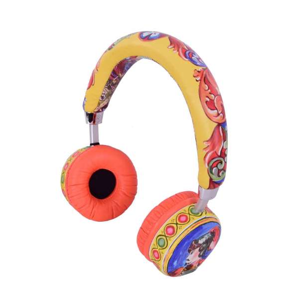 Exclusive nappa leather Carretto Siciliano printed bluetooth wireless headphones by Dolce & Gabbana Black Line