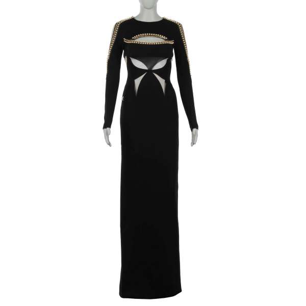 Long stretch dress BALLAD with embellished studs and leather applications and tulle in black by PHILIPP PLEIN