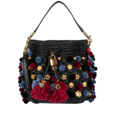 Raffia Bucket Bag CLAUDIA with Pompoms and Crystals Black Red