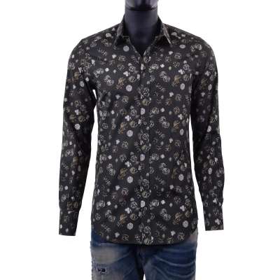 Baumwolle Hemd GOLD mit Spielkarten und Würfel Print Khaki 37 14,5 2XS