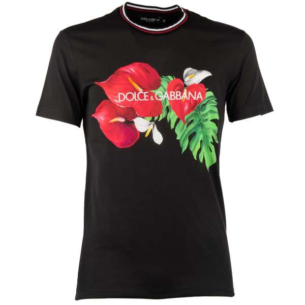 Cotton T-Shirt with Flowers and Logo print by DOLCE & GABBANA