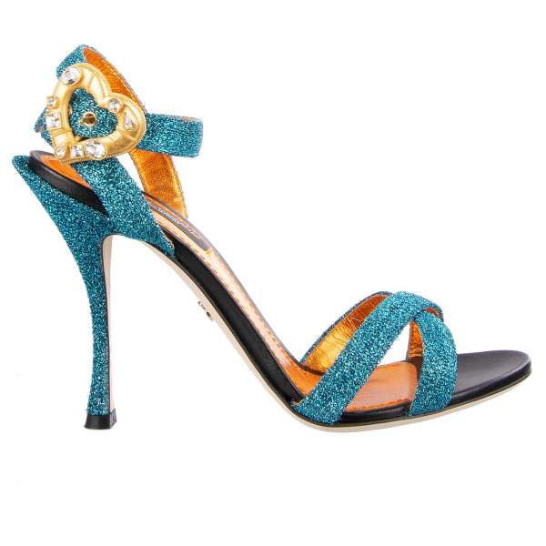 Shiny textured strappy sandals heels with a crystals embellished heart buckle by DOLCE & GABBANA