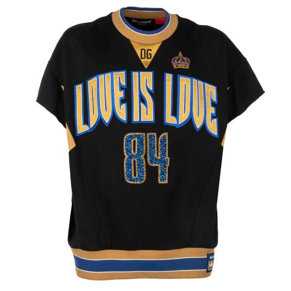 Oversize Cotton and Silk T-Shirt with DG King, Love is Love, crystals, goldwork crowns embroidery and  ripped details in blue, gold and black by DOLCE & GABBANA