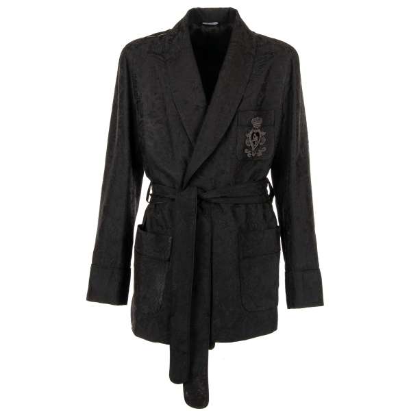 Floral jacquard Robe / Blazer with DG heart crown embroidery and belt fastening in black by DOLCE & GABBANA
