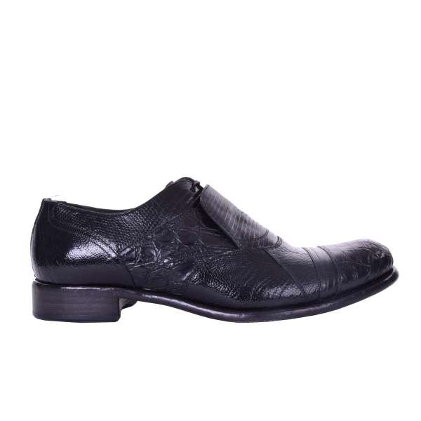 Patchwork leather oxford shoes TAORMINA made of lizard, ostrich and crocodile leather with hidden lace fastening by DOLCE & GABBANA Black Label