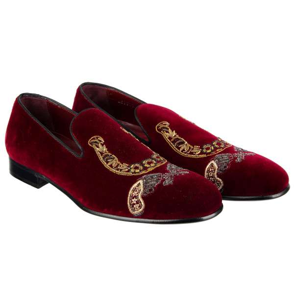 Velvet Loafer Shoes MILANO with pistols and horseshoe embroidery made of metal gold seam by DOLCE & GABBANA