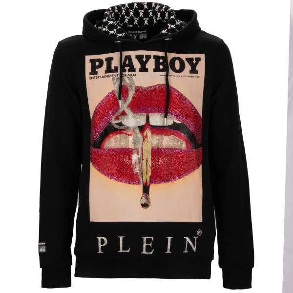 Hoody with a crystals graphic print of a magazine cover of of Lauren Young's lips at the front and crystals embellished 'Playboy Plein' lettering printed at the back by PHILIPP PLEIN x PLAYBOY