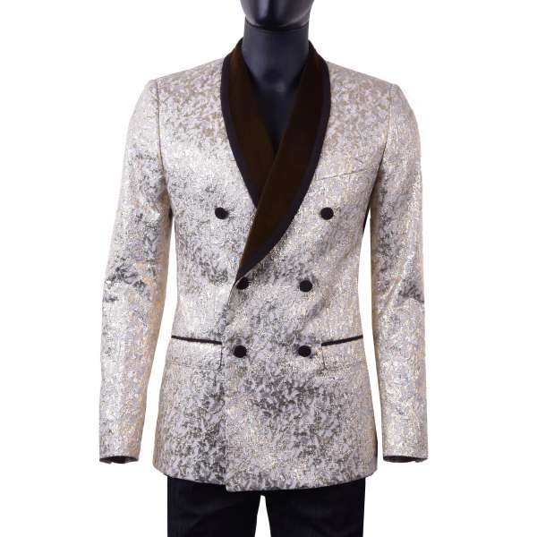 Double-breasted baroque style jacquard tuxedo jacket with round velvet collar in beige, silver and gold by DOLCE & GABBANA Black Label