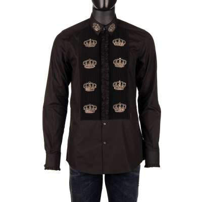 Crystal Goldwork Crown Ruffle Plastron Cotton Silk Shirt Black 40 M