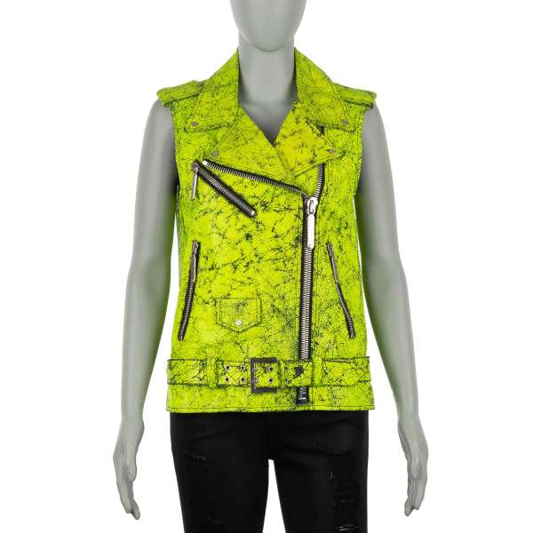 Vintage Look colored leather Vest Jacket GOING CRAZY in neon yellow by PHILIPP PLEIN COUTURE