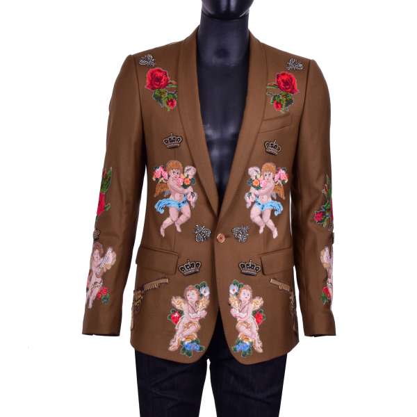 Angels, roses and pistols hand-embroidered virgin wool blazer with crown and bee plaques and round reverse by DOLCE & GABBANA Black Label