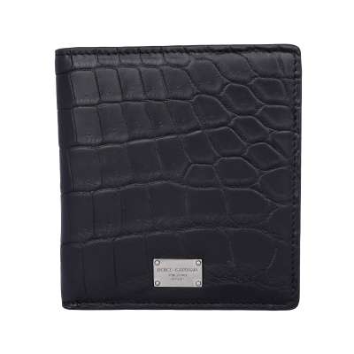 Crocodile Leather Card Etui Wallet with Logo Plate Black