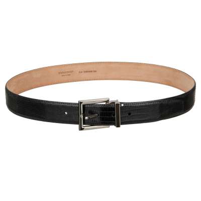 Silver Metal Buckle Lizard Leather Belt Black 95 38
