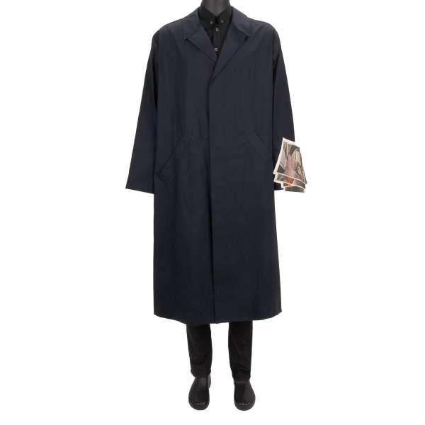 Oversize Trench Coat with three sewn Brendan Fowler canvas prints at one sleeve and hook closure by OFF-WHITE Virgil Abloh
