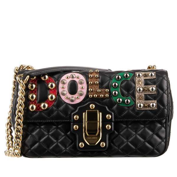 Quilted nappa leather shoulder bag LUCIA with snake leather logo and heart applications, multicolor studs and gold chain strap by DOLCE & GABBANA