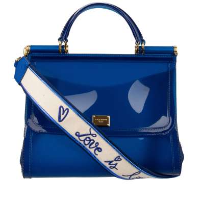 PVC Tote Shoulder Bag SICILY with Embroidered Strap and Logo Blue