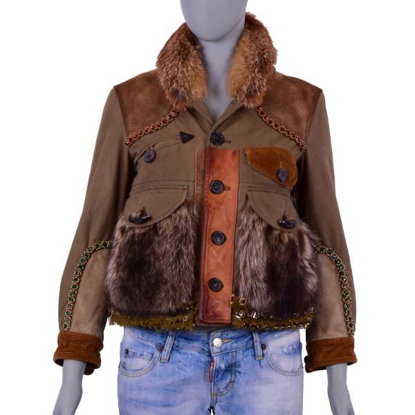 Padded Jacket of cotton fabric and leather with fur applications and silk with crystals hand made embroideries by DSQUARED2