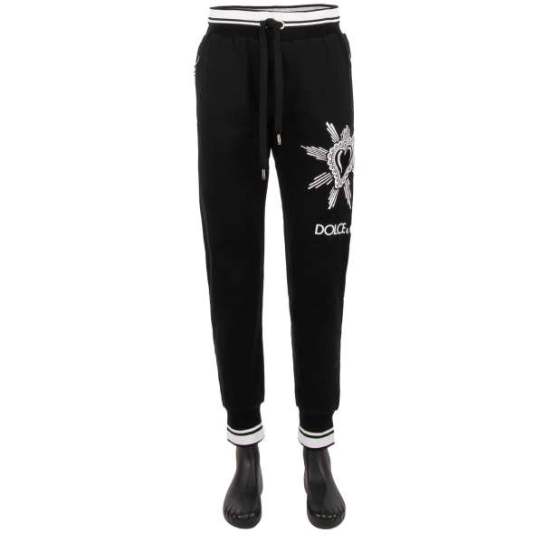 Cotton Track Pants / Joggings Pants with embroidered sacred heart, logo sticker, elastic waist and zipped pockets by DOLCE & GABBANA
