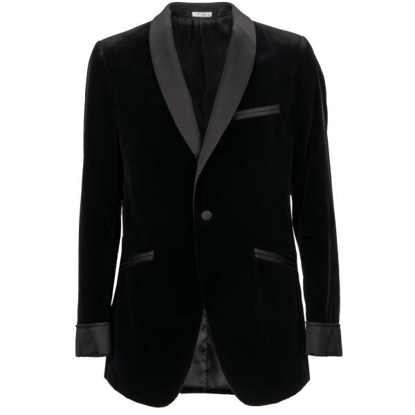 Velvet blazer with silk cuffs, shawl lapel and pockets in black by DOLCE & GABBANA
