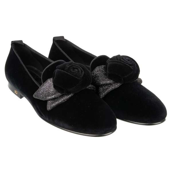 Velvet Ballet Flats YOUNG QUEEN in black with glitter rose bow and golden DG logo by DOLCE & GABBANA