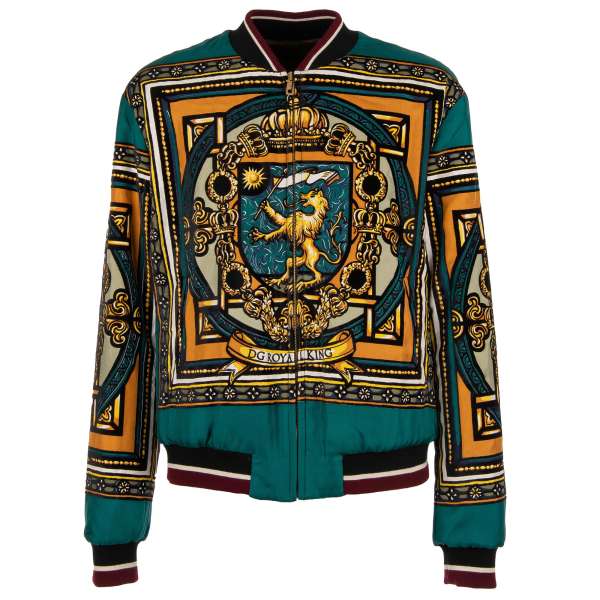 Zweiseitige DG Royal King Bomber Jacke aus Seide mit Füllung, Print und Strick-Details von DOLCE & GABBANA