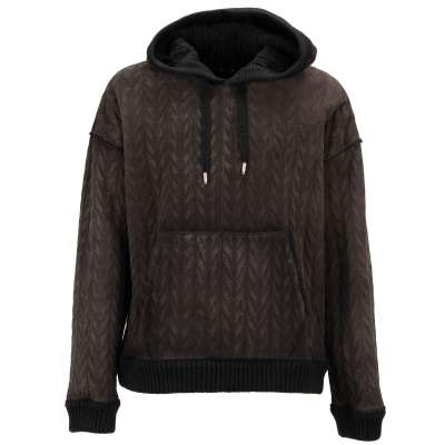 Gefütterter Oversize Leder Wollle Hoodie Pullover Braun Grau 52 L