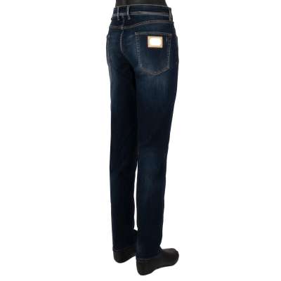 Distressed 5-Pockets Jeans Hose Slim Metall Logo Schild Blau 56 2XL