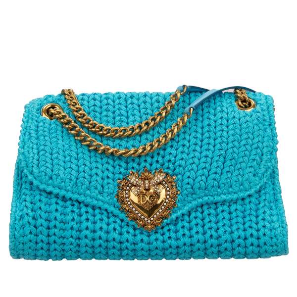 Knitted cotton, crochet Crossbody Bag / Shoulder Bag DEVOTION Large with jeweled heart buckle with DG Logo and structured metal chain strap by DOLCE & GABBANA