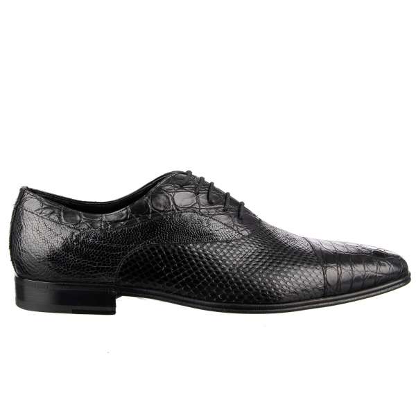  Exclusive formal Patchwork Snake, Caiman and Ostrich leather oxford shoes in black by DOLCE & GABBANA