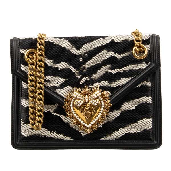 Crossbody Clutch Bag DEVOTION with zebra pattern, jeweled heart buckle with DG Logo and structured metal chain strap by DOLCE & GABBANA