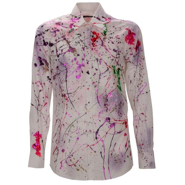 Cotton shirt with color splash hand painted in white, pink, green and purple and by DOLCE & GABBANA