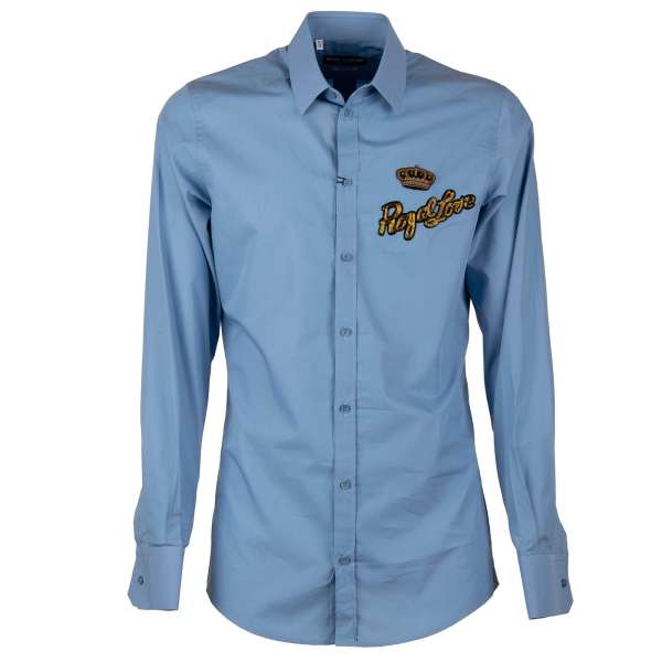 Cotton shirt with goldwork crown and Royal Love embroidery in blue by DOLCE & GABBANA  - GOLD Line