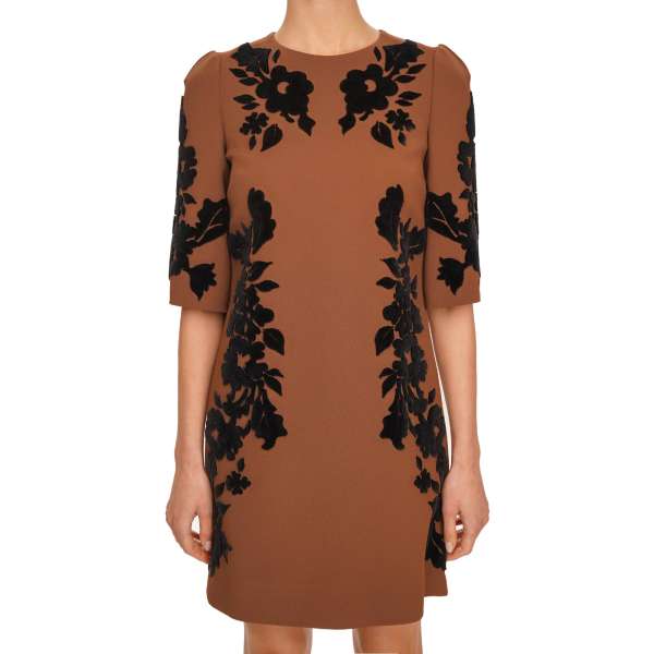 Baroque Dress with embroidered velvet flowers in black and brown by DOLCE & GABBANA 