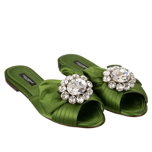 Silk Blend Slide Sandals BIANCA embellished with crystal bow brooch in green by DOLCE & GABBANA 