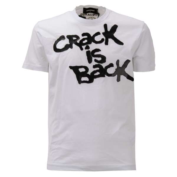 Baumwolle T-Shirt mit CRACK IS BACK Logo Kunstleder Applikationen in Schwarz und Weiß von DSQUARED2