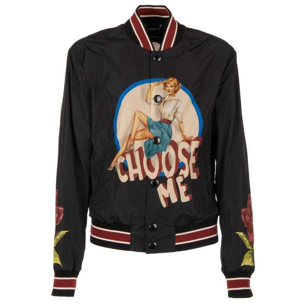Retro style printed nylon bomber jacket CHOOSE ME with large logo and knit details by DOLCE & GABBANA