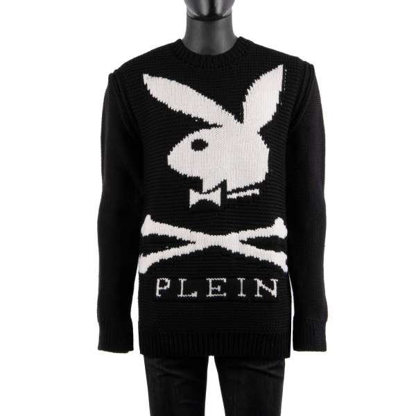 Wide fitted wool Sweater with a large embroidered Bunny Skull logo at the front and 'Playboy X Plein' logo at the back by PHILIPP PLEIN x PLAYBOY