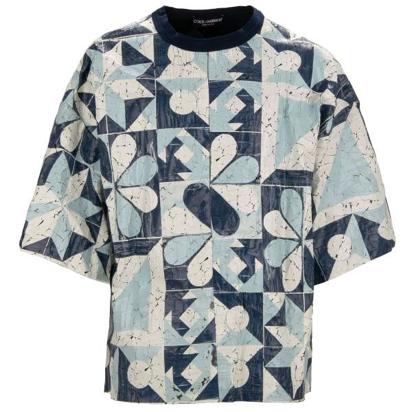 One of a kind cotton T-Shirt with Gio Ponti Design covered cracked paint in blue and white by DOLCE & GABBANA
