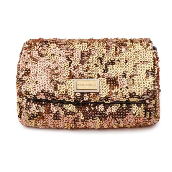 Sequin purse bag for belt with DG metal logo plate in gold, pink and black by DOLCE & GABBANA