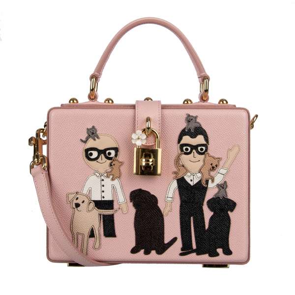 Dauphine Leather shoulder bag / tote / clutch DOLCE BOX with leather patches of Domenico Dolce, Stefano Gabbana, cats and dogs and a decorative padlock by DOLCE & GABBANA