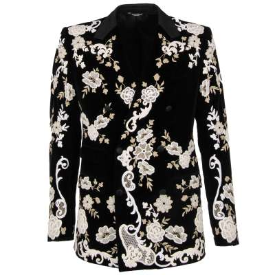 Floral Lace Embroidered Velvet Blazer SICILIA Black White